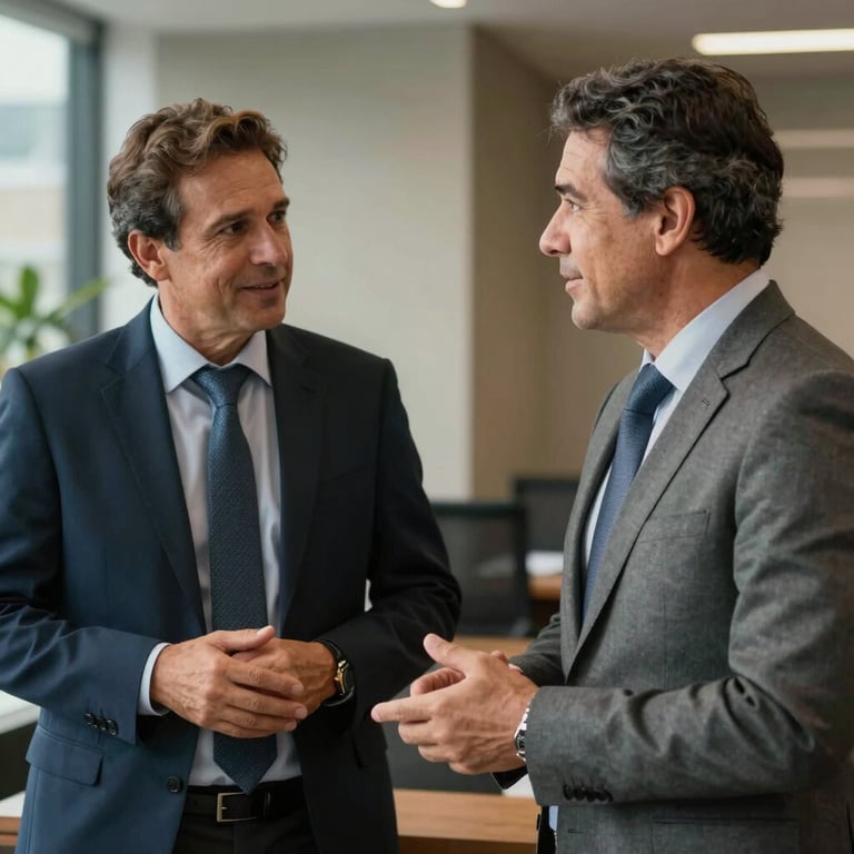 Two professionals in a Brazilian corporate setting engaged in a friendly and respectful conversation, dressed in business attire.