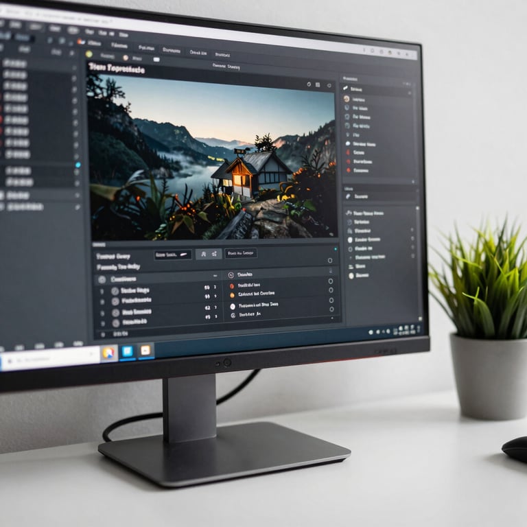 A detailed shot of a sleek computer monitor displaying a modern interface, accompanied by a small green plant on a white desk.