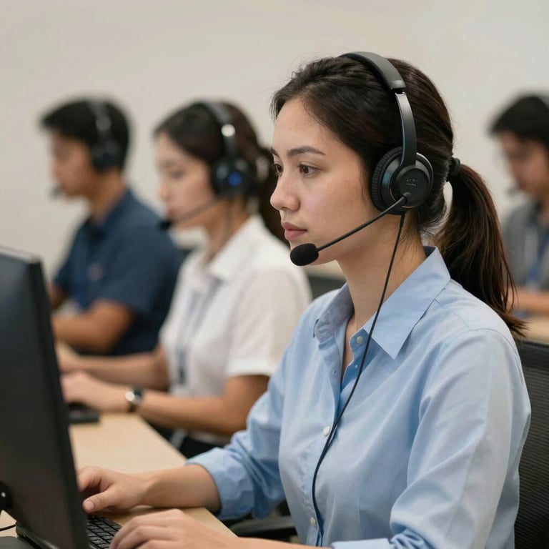 A soft-focus background of an organized and efficient call center in Brazil, conveying a sense of professional reliability and calm.