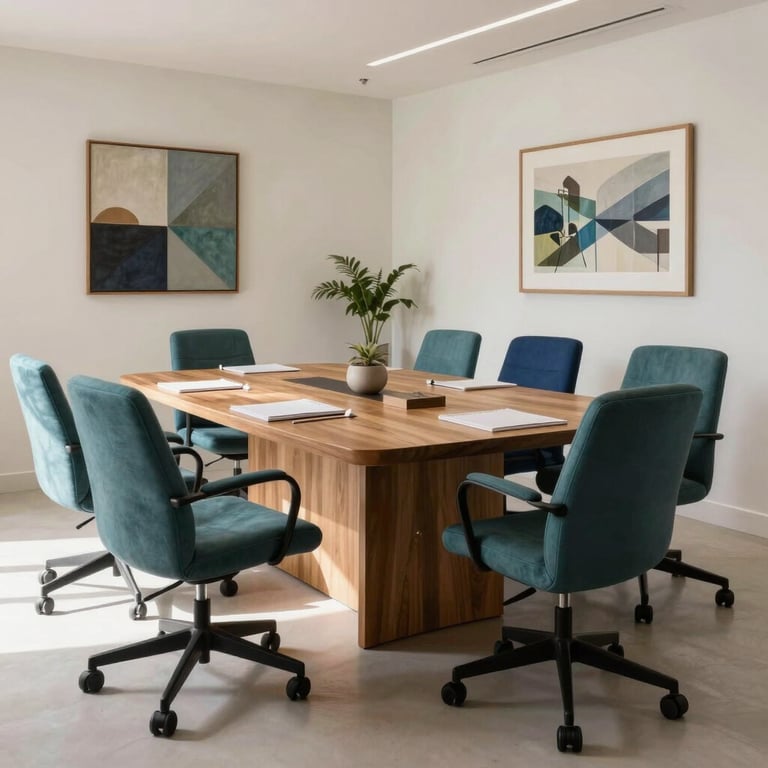A bright and airy meeting room in South America, featuring ergonomic furniture and decorative elements in muted teal and dark blue.