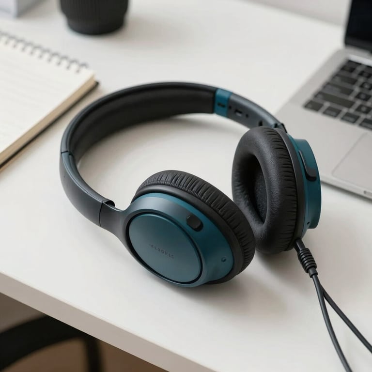 A high-quality professional headset resting on a white desk next to a notebook, clean and modern composition with teal accents.