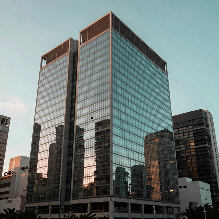 Exterior of a contemporary office building in a bustling Brazilian business district, glass windows reflecting a pale cyan sky at dawn.