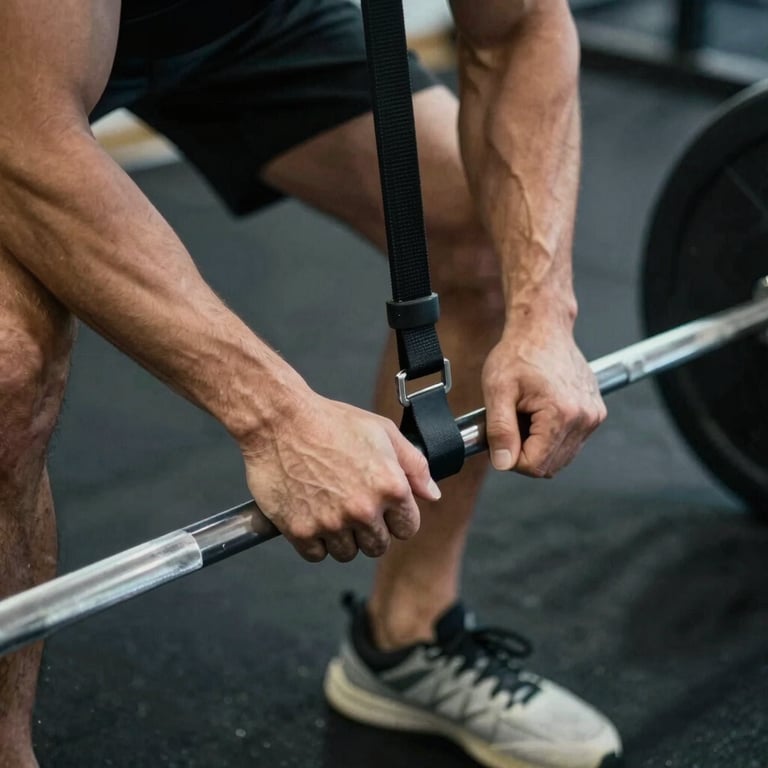Close-up of athletic coach hands adjusting a velocity tracking tether on a barbell, cool-toned lighting, high contrast, steel gym environment.