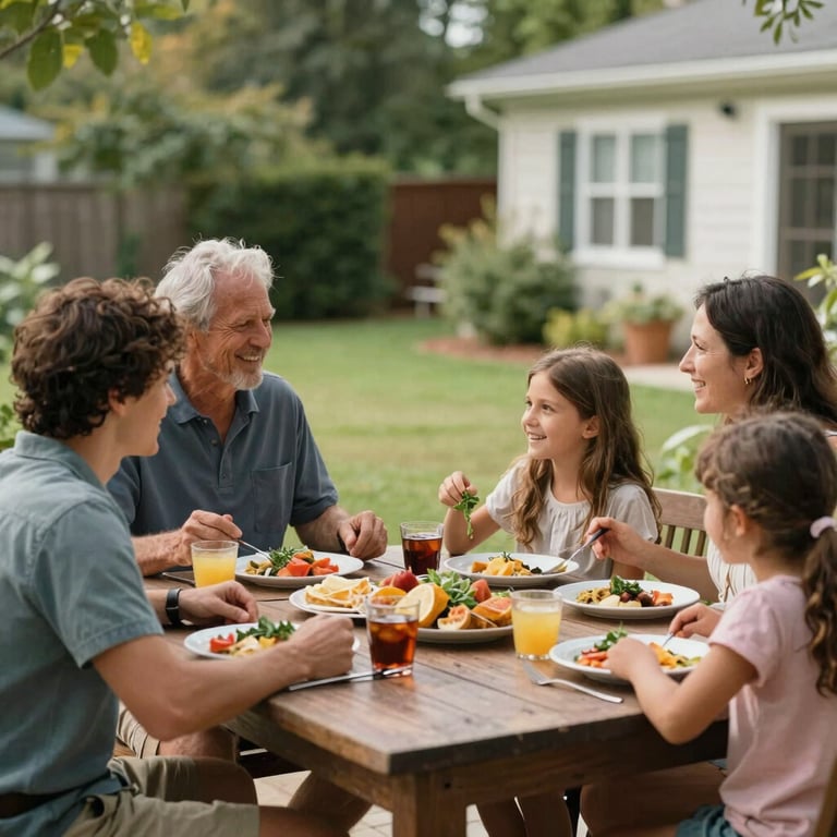 A happy family enjoying a meal on their pest-free North American / US outdoor patio, conveying peace of mind and comfort.