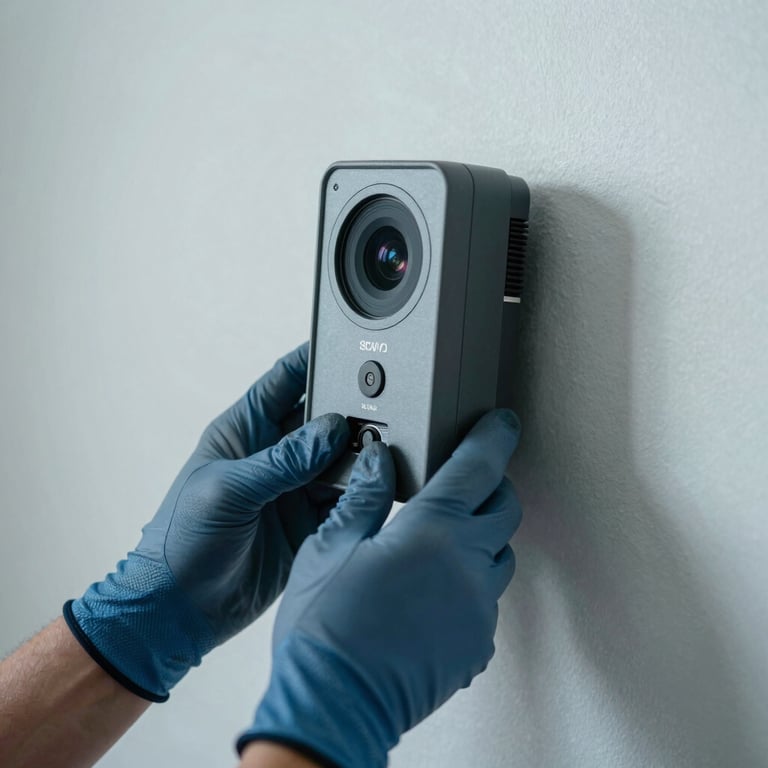 A close-up of a professional technician's gloved hand carefully placing a monitoring station in a North American / US home. Muted steel blue and light grey tones.