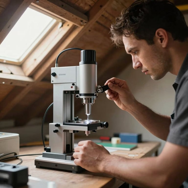 Action shot of a technician using a high-precision inspection tool in a North American / US attic, emphasizing expertise and reliability.