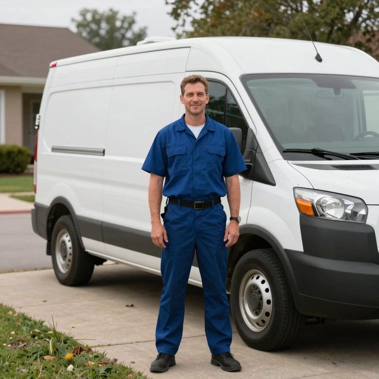 A friendly pest control specialist standing next to a white service van on a North American / US suburban driveway, looking confident and professional.