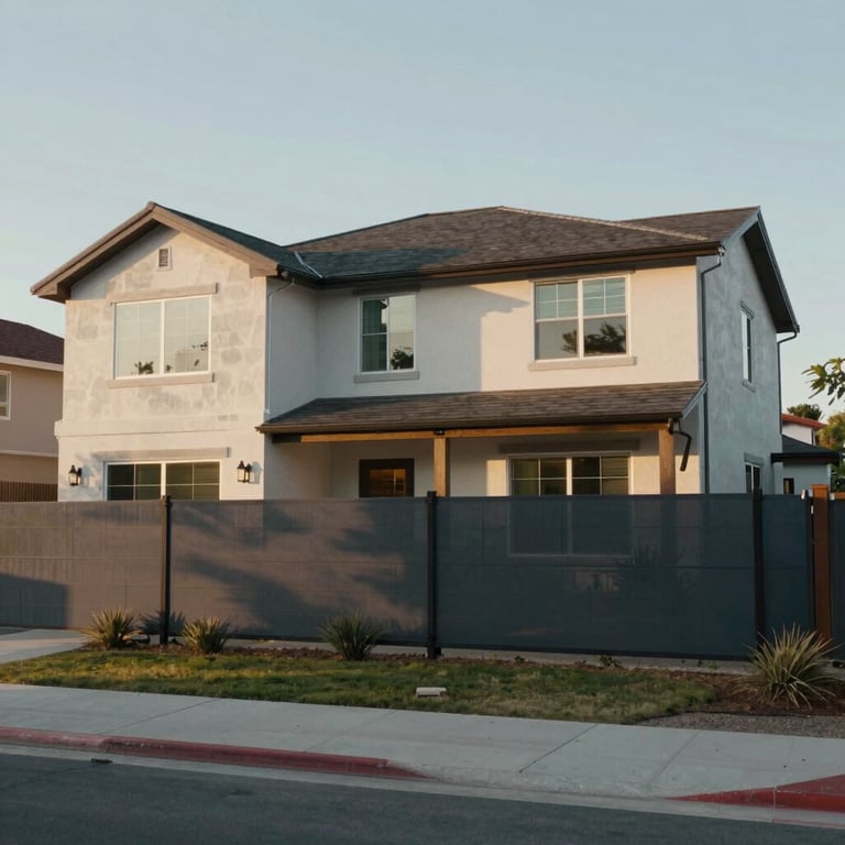 An exterior shot of a contemporary North American / US residence in Lemoore, California, highlighting a secure and protected perimeter.