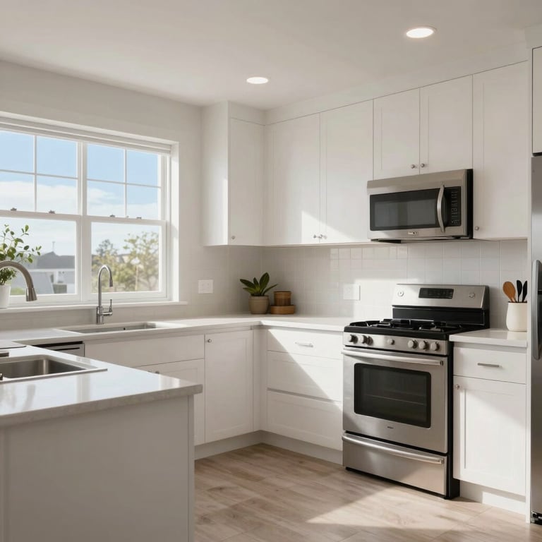 A wide shot of a clean, modern North American / US residential kitchen, looking bright and pest-free, with soft lighting and pale sky blue accents.