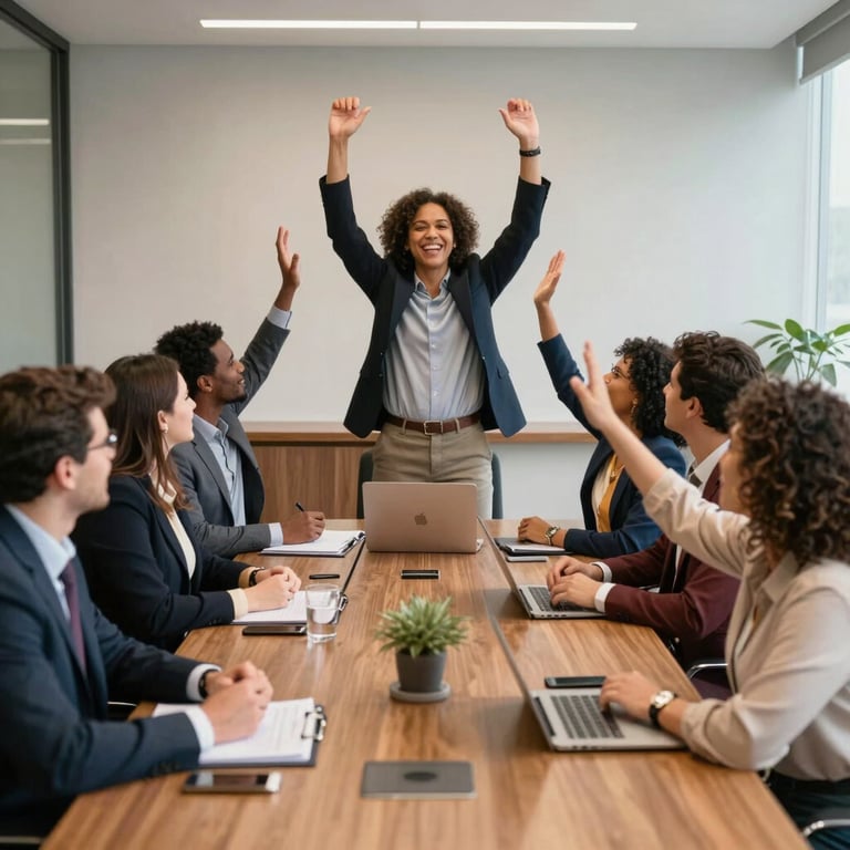 A diverse group of Brazilian colleagues celebrating a successful goal in a sophisticated corporate meeting room.