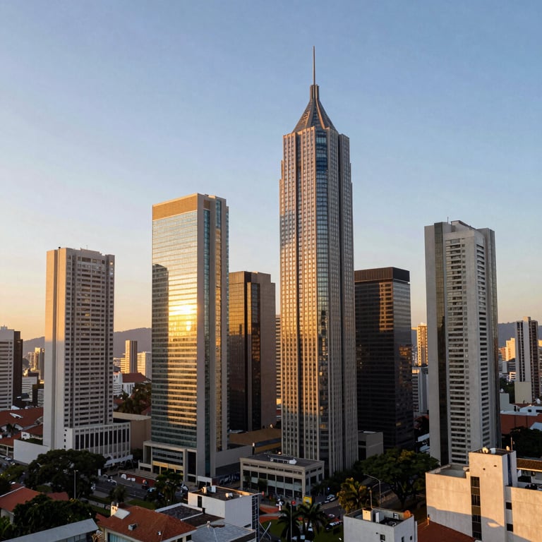 A wide shot of a modern Brazilian business district skyline at golden hour, representing new opportunities and progress.