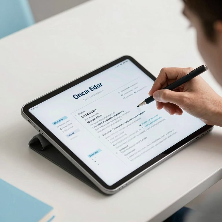 A South American professional reviewing a resume on a modern tablet in a clean, off-white workspace with light blue accents.