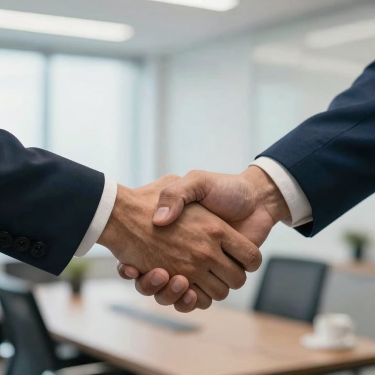 A close-up of a confident handshake between two professionals in a bright Brazilian office, medium blue sleeve, encouraging atmosphere.