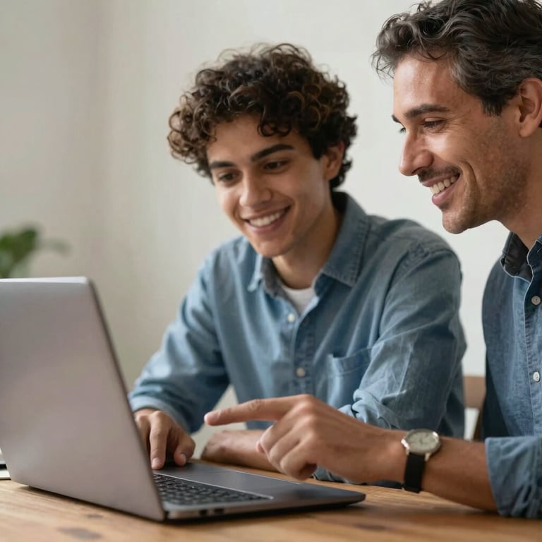 A mentor pointing at a laptop screen, guiding a young Brazilian professional with an encouraging smile, soft lighting.