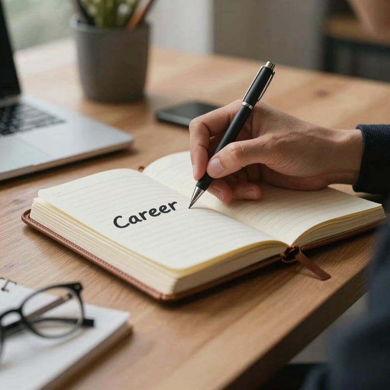 A focused professional writing in a leather journal in a quiet, modern workspace, representing career planning and empowerment.
