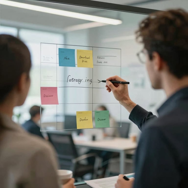 Close-up of a strategy planning session on a glass board in a bright North American / US workspace.