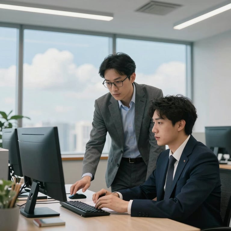 A team lead guiding a younger professional in a North American / US office setting, featuring cloud white and pale sky blue interiors.