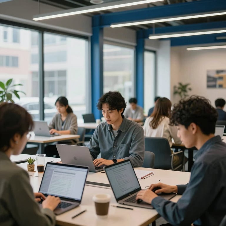 A bright and airy co-working space in a North American / US city with people working on laptops and steel blue decor.