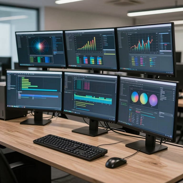 A high-end software development workstation with multiple monitors in a modern North American / US office.