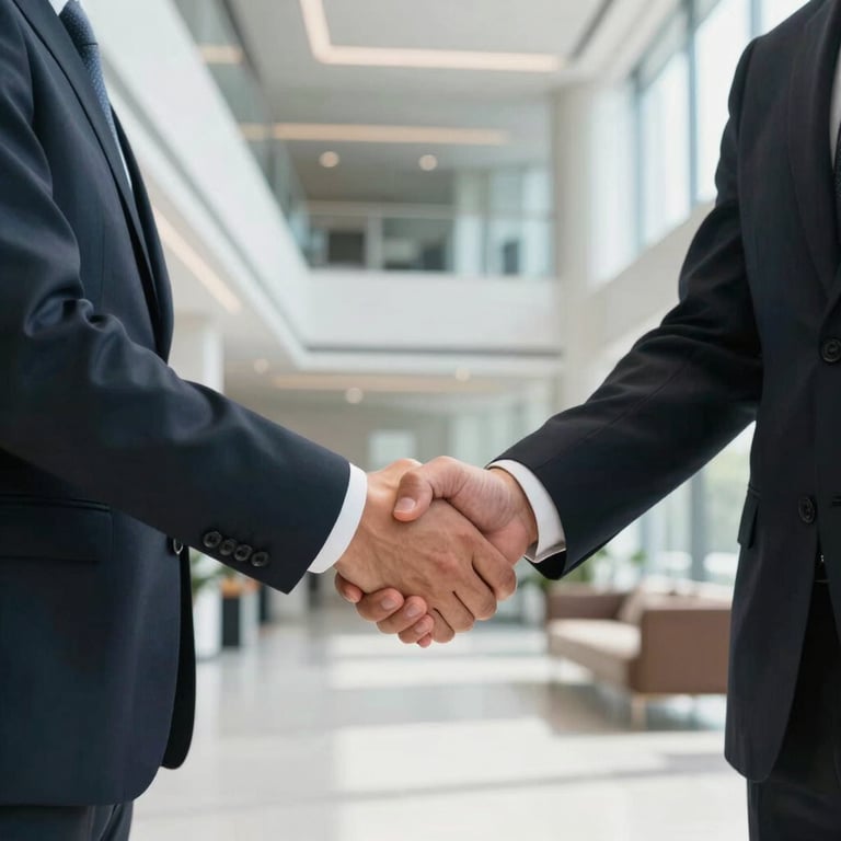 Two business professionals shaking hands in a bright, modern lobby of a North American / US technology firm.