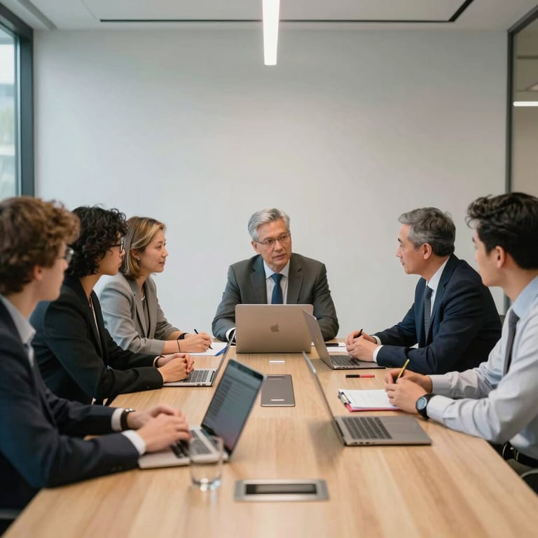 A group of diverse professionals in a sleek North American / US conference room discussing digital growth strategies.
