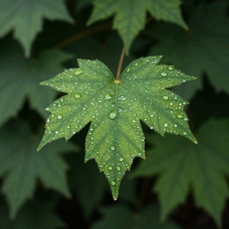 A macro shot of a single green leaf with dew drops, sitting on a dark forest green background, soft morning light in a North American / US garden.