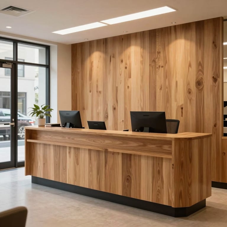 A clean, modern reception area of a compassionate service business in a North American / US city, with warm lighting and natural wood textures.