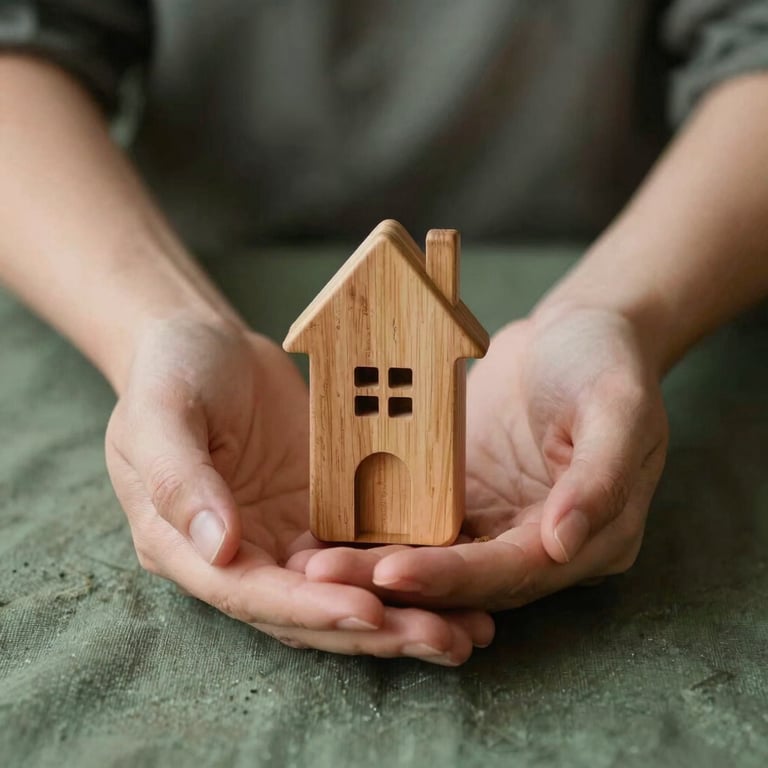 A pair of hands gently holding a small, eco-friendly wooden keepsake, set against a muted moss green fabric, in a North American / US setting.