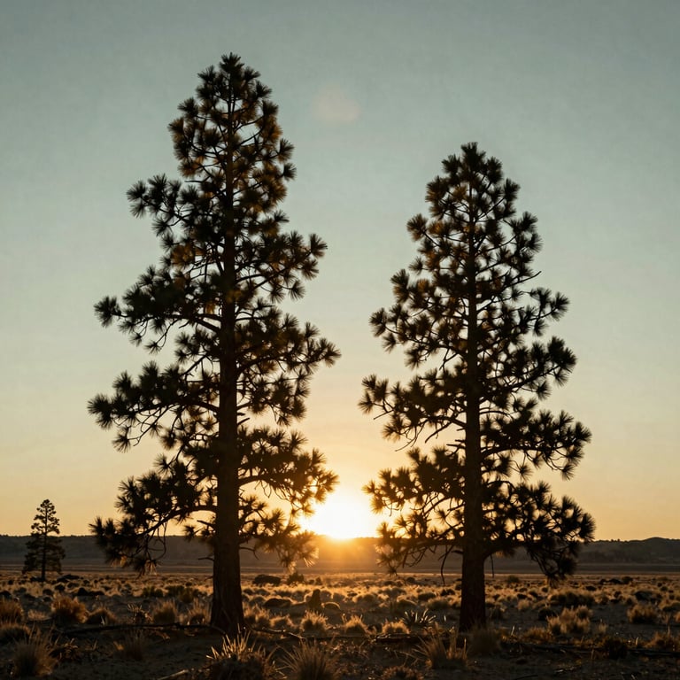 The sun setting behind the silhouette of pine trees in the Oregon high desert, captured with professional depth of field and soft sage green tones.