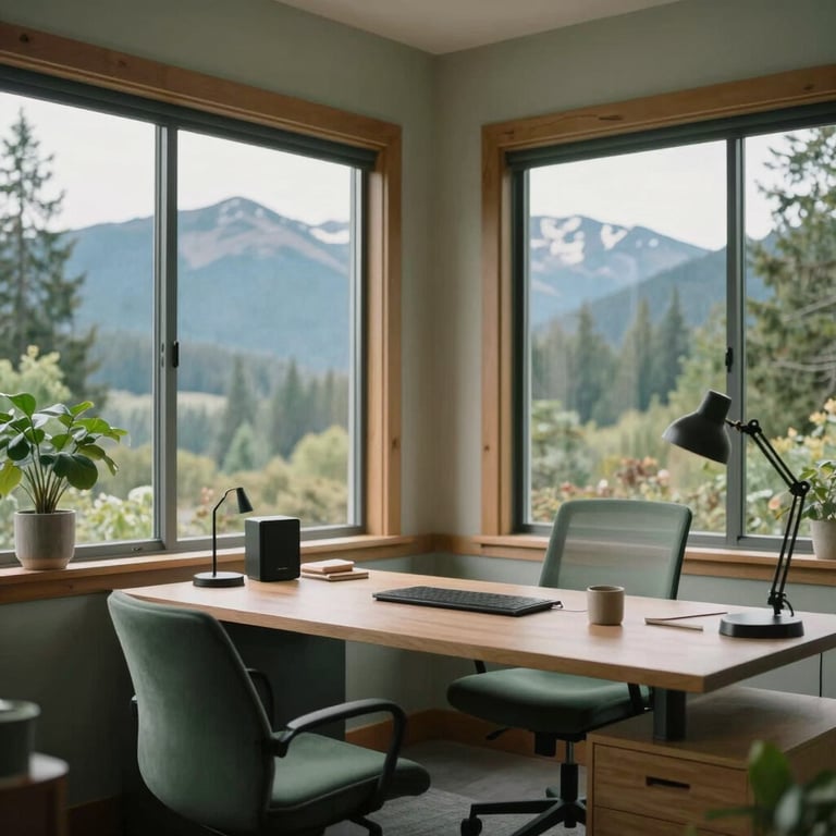A peaceful professional workspace in Redmond, Oregon, with large windows overlooking the Cascades, featuring North American / US decor and soft sage green accents.