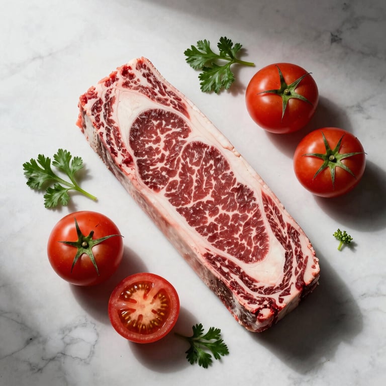 Overhead flat-lay of raw premium ingredients — dry-aged beef cross-section, fresh herbs, halved heirloom tomatoes — arranged on a white marble surface under bright directional studio light, high contrast, no hands visible