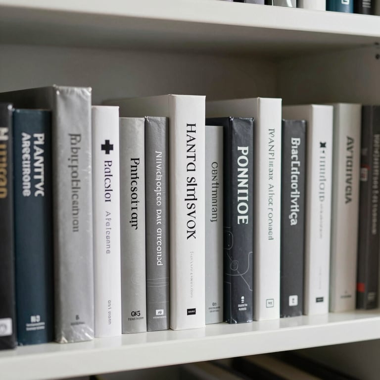 A neatly organized shelf with technical books on statistics and data science in a muted silver and white setting.
