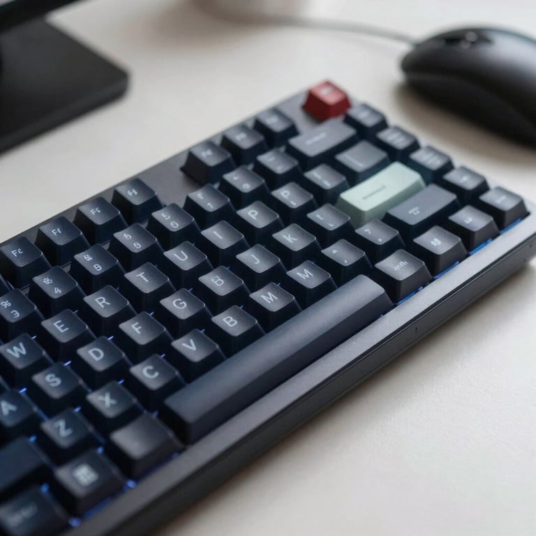 A close-up of a mechanical keyboard with subtle lighting in a dark navy and ghost white office environment.