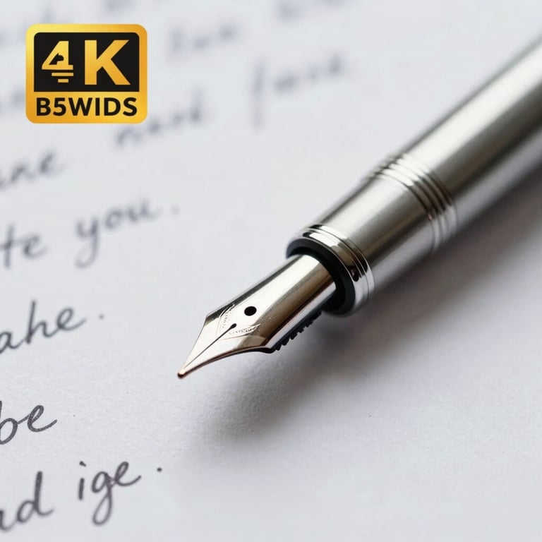A macro photograph of a sleek silver fountain pen resting on a white paper with clean handwritten notes.