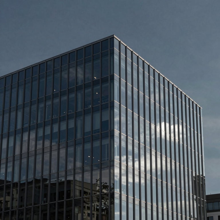 A minimalist architectural shot of a modern glass office building reflecting a deep slate sky.