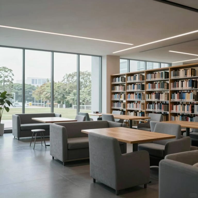 A wide shot of a quiet, modern library with large windows and minimalist grey furniture.