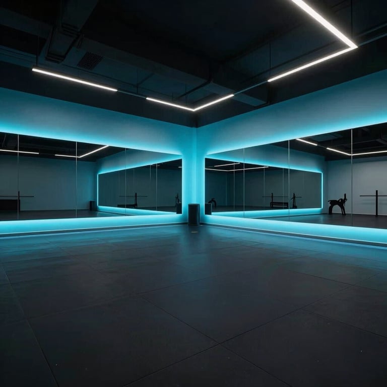 Wide shot of a minimalist training facility with pure black flooring and electric cyan accents, high-end clinical aesthetic.
