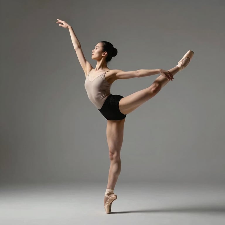 A professional ballet dancer performing a precise turn, captured with high-speed photography to show muscle activation, minimalist lighting.