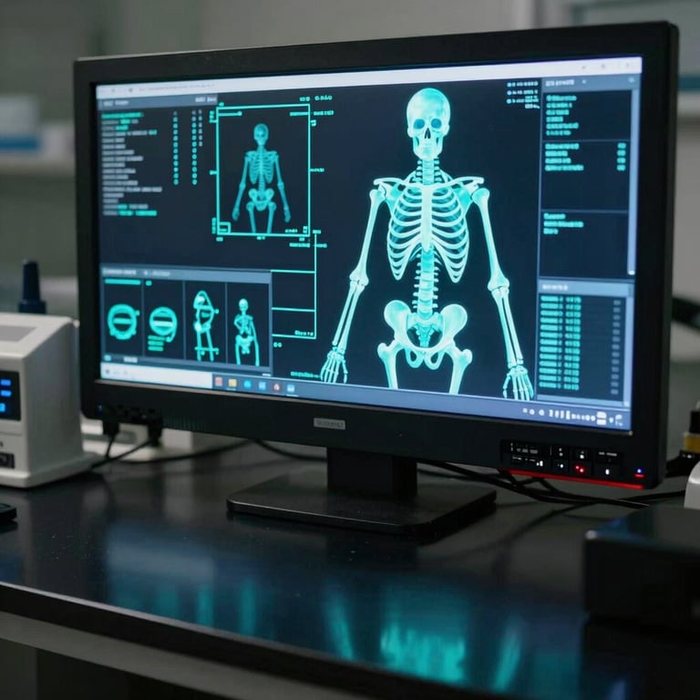 Diagnostic screen in a dark lab displaying biomechanical skeletal data in electric cyan, reflecting off a polished black surface.