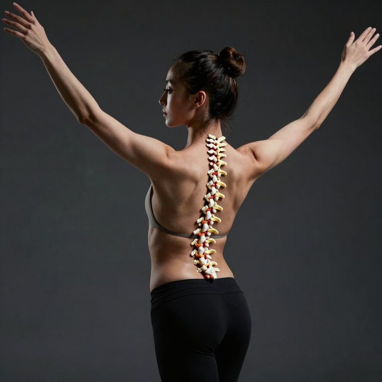 A dancer’s spinal alignment shown through professional studio lighting that mimics a digital scan, minimalist dark charcoal background.