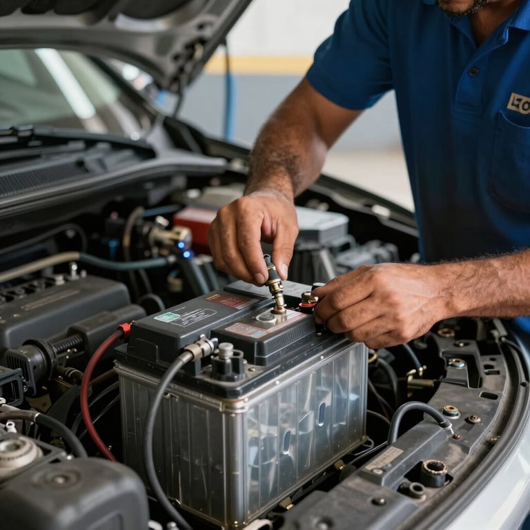 Professional auto electrician in South American shop testing car battery terminals.