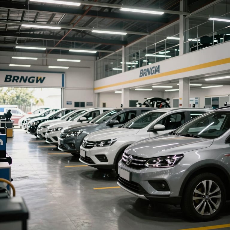 A fleet of cars being serviced in a spacious, modern Brazilian auto center.