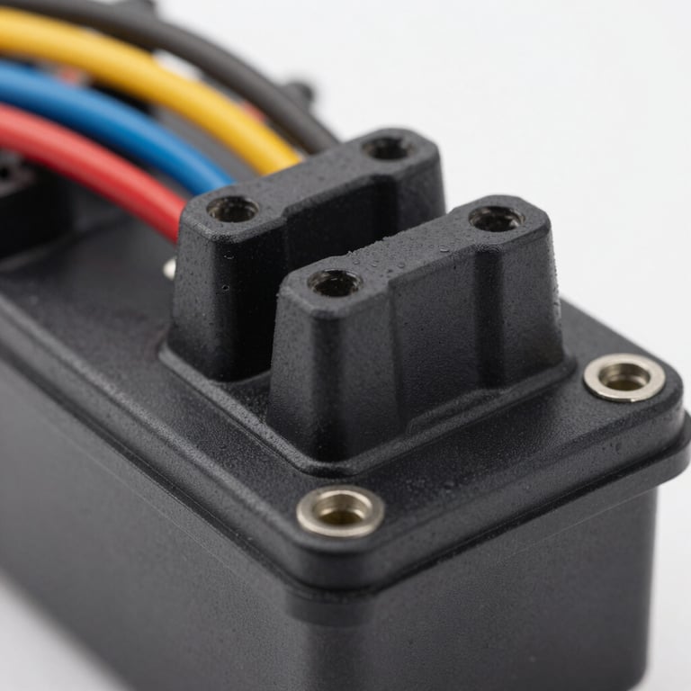 Macro shot of an automotive fuse box with clean, bright wiring.