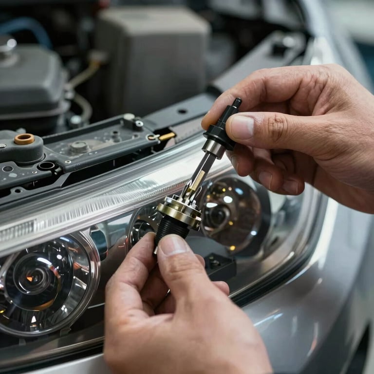 A technician's hand replacing a car headlight bulb with precision.