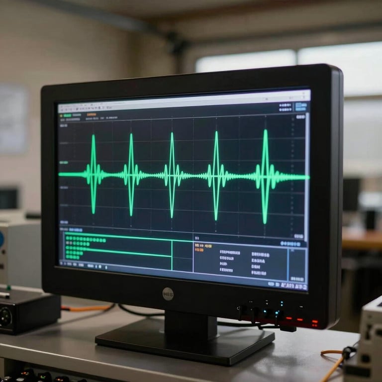 Modern diagnostic screen showing electrical wave patterns in a garage.