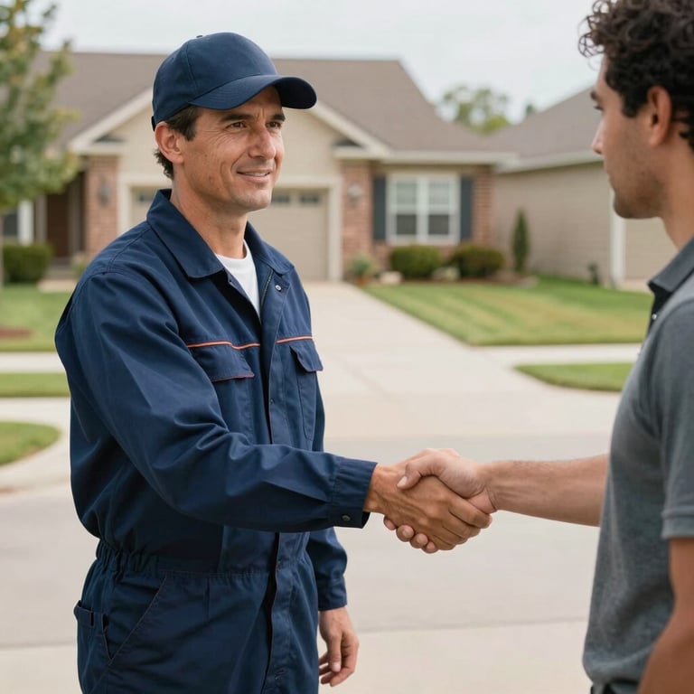 A plumber in a dark blue uniform shaking hands with a customer in a North American suburban driveway.