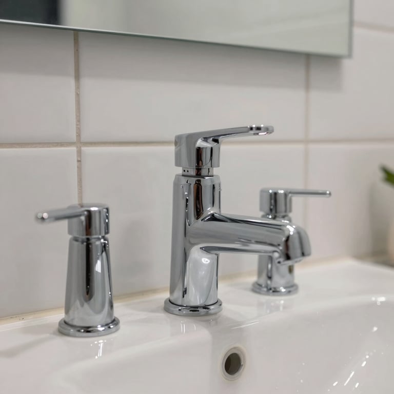 A bathroom renovation featuring high-end chrome fixtures and pristine tile work.