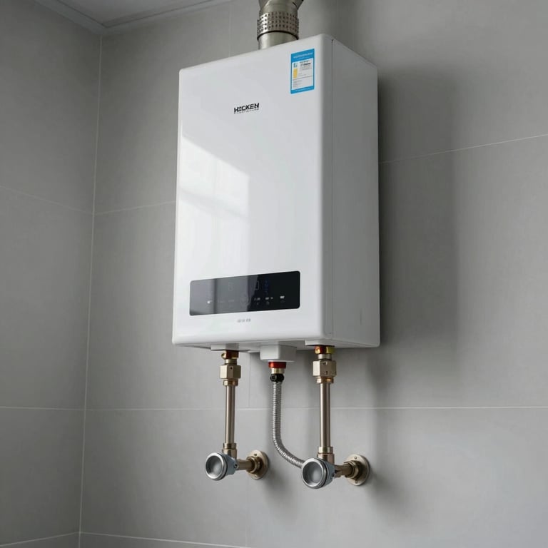 A high-quality photo of a newly installed commercial water heater system in a clean mechanical room.