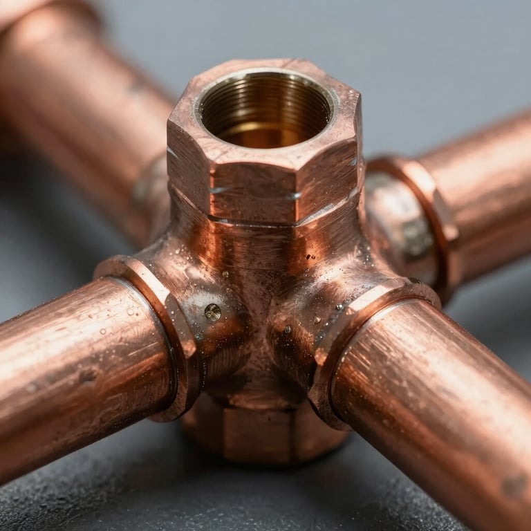 Detailed macro shot of a perfectly soldered copper pipe joint, showing precision work.