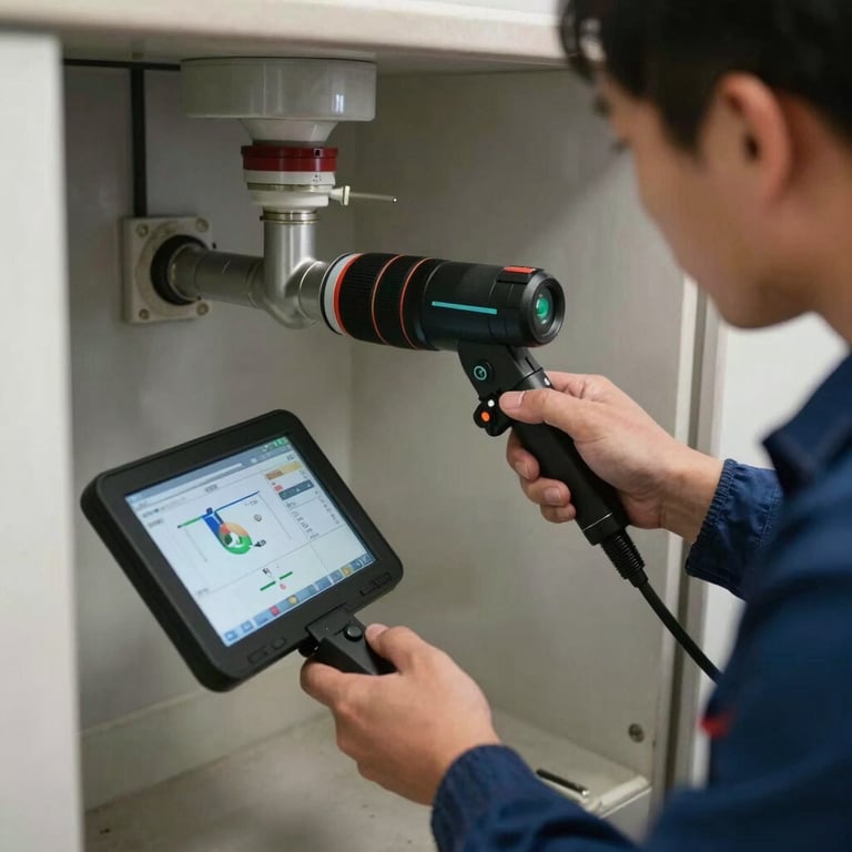 A professional plumber using a drain camera to inspect a pipe, showing a screen with clear diagnostics.